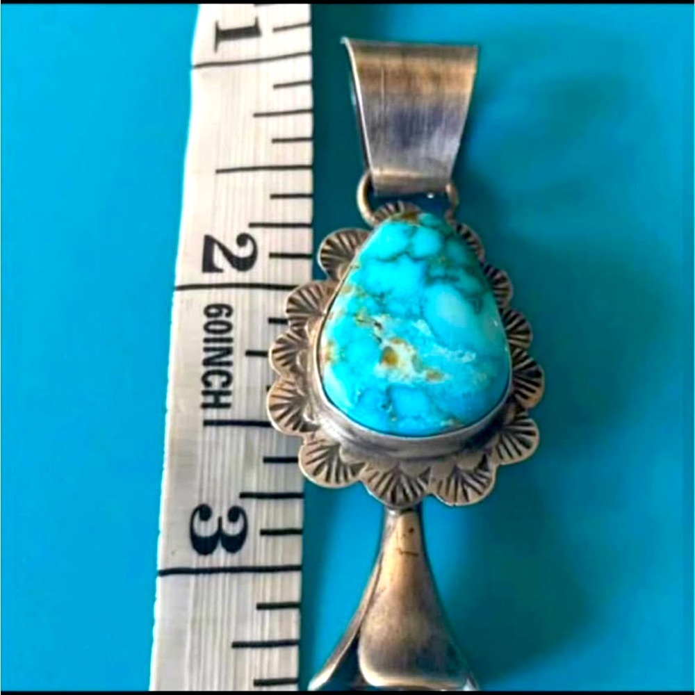 Water Webbed Kingman & Sterling Silver Squash Blossom Pendant Signed - Picture 2 of 4